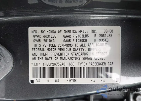 2009 Honda Accord 2.4 Ex z USA, uszkodzony, nr VIN 1HGCP26759A011660